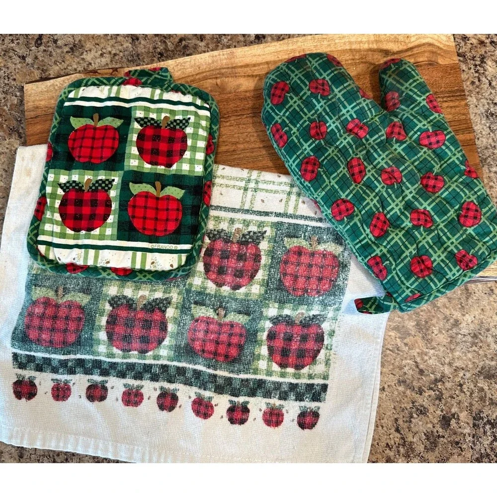 Vtg 90’s Kitchen Hand Towels Potholder Ovenmit Checkered Apples Cottagecore Farm